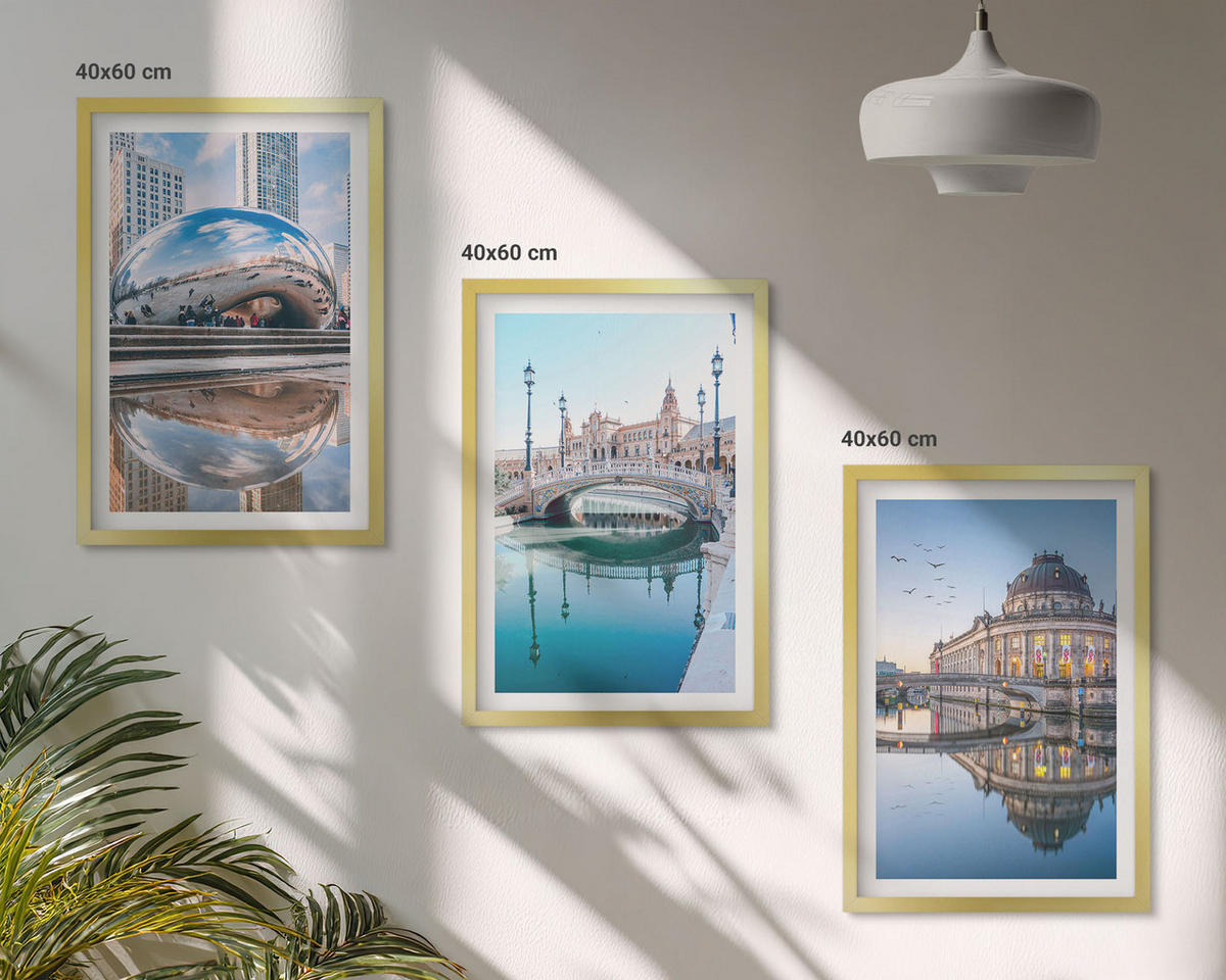 WANDBILDER 3er Set - 40x60 cm Goldrahmen - Architektur von Städten am Wasser - Goldfarben, Kunststoff (40/60cm) - ArtPrintCave