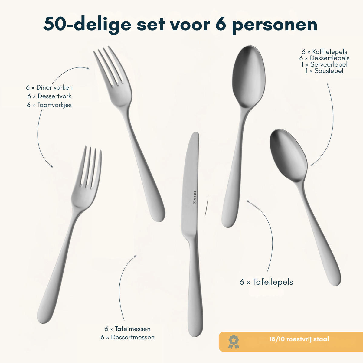 BESTECKSET Nordica MAT - 18/10 Edelstahl - 50-teilig / 6 Personen - Silberfarben, Metall - Sola