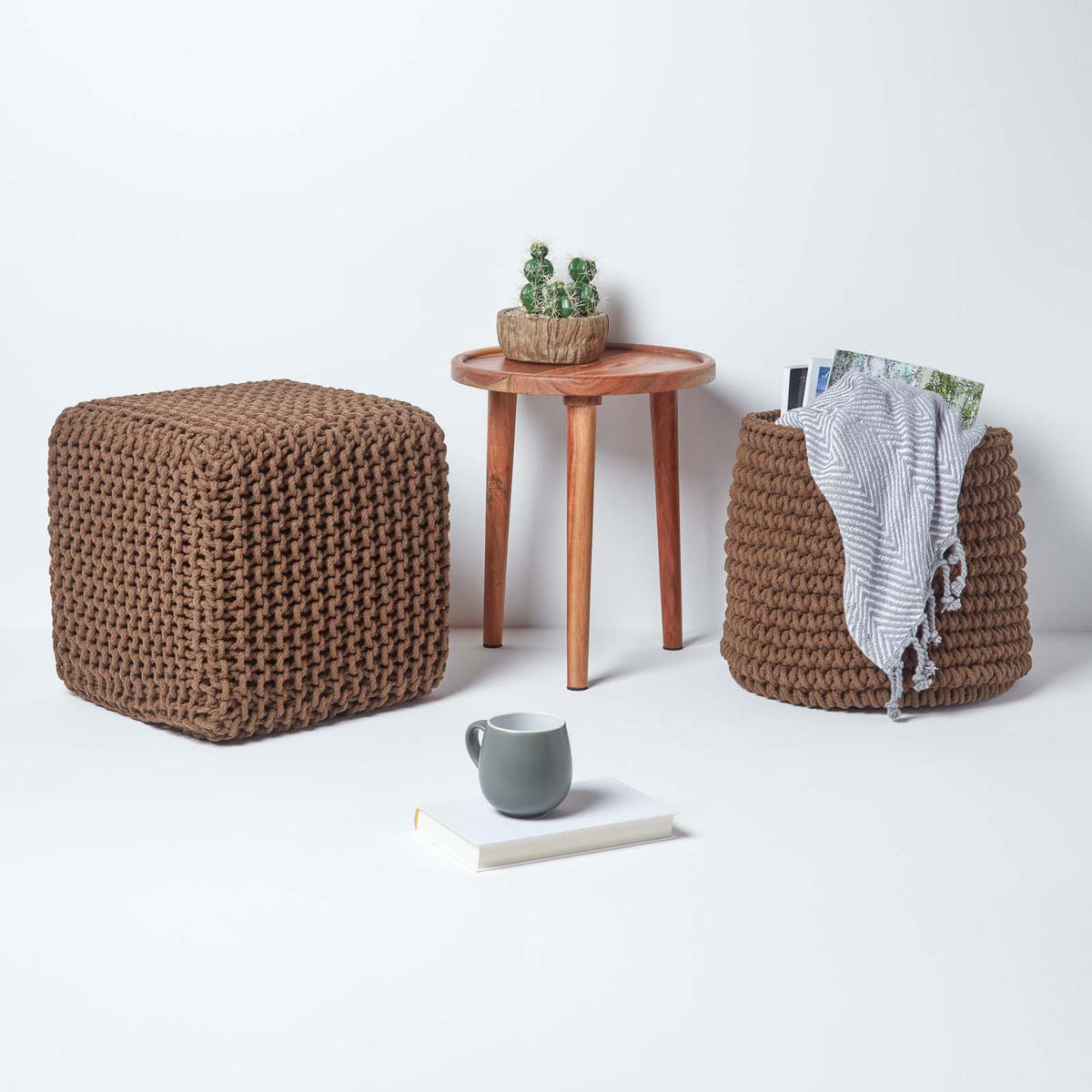 STRICK-POUF braun, Sitzwürfel 35/35/35 cm - Braun, Textil (35/35/35cm) - Homescapes