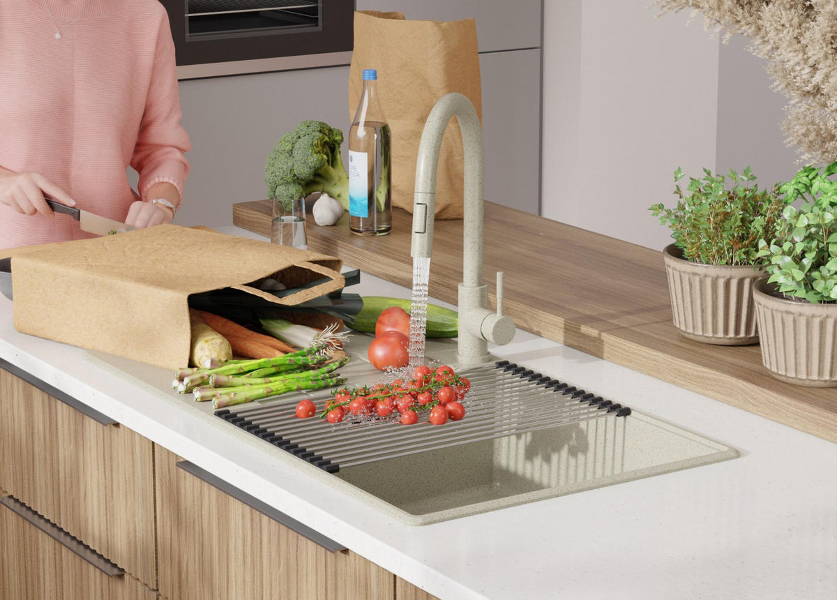 SPÜLBECKEN Kopenhagen, 2-er set Beige 90/50 cm 1 Becken + Ablauf-Set + Schneidebrett ab 60er Unterschrank - Chromfarben/Beige, Kunststoff (90/20/50cm) - Primagran