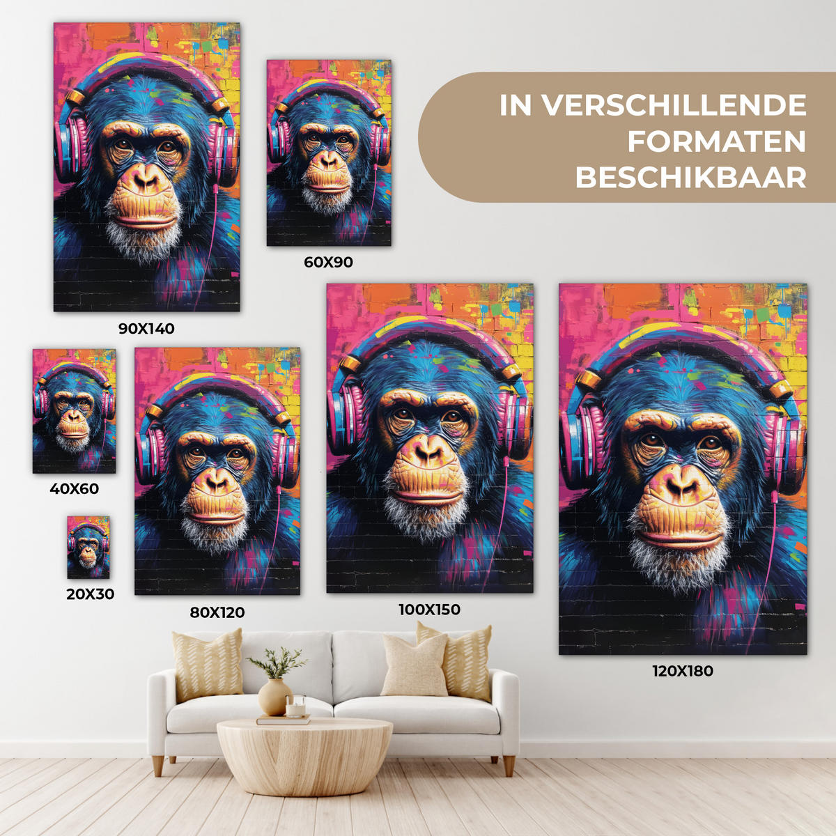 LEINWANDBILD Graffiti - Schimpanse - Straßenkunst - Kopfhörer - Affe Deko XXL 80x120 cm - Blau, Textil (80/120cm) - MuchoWow