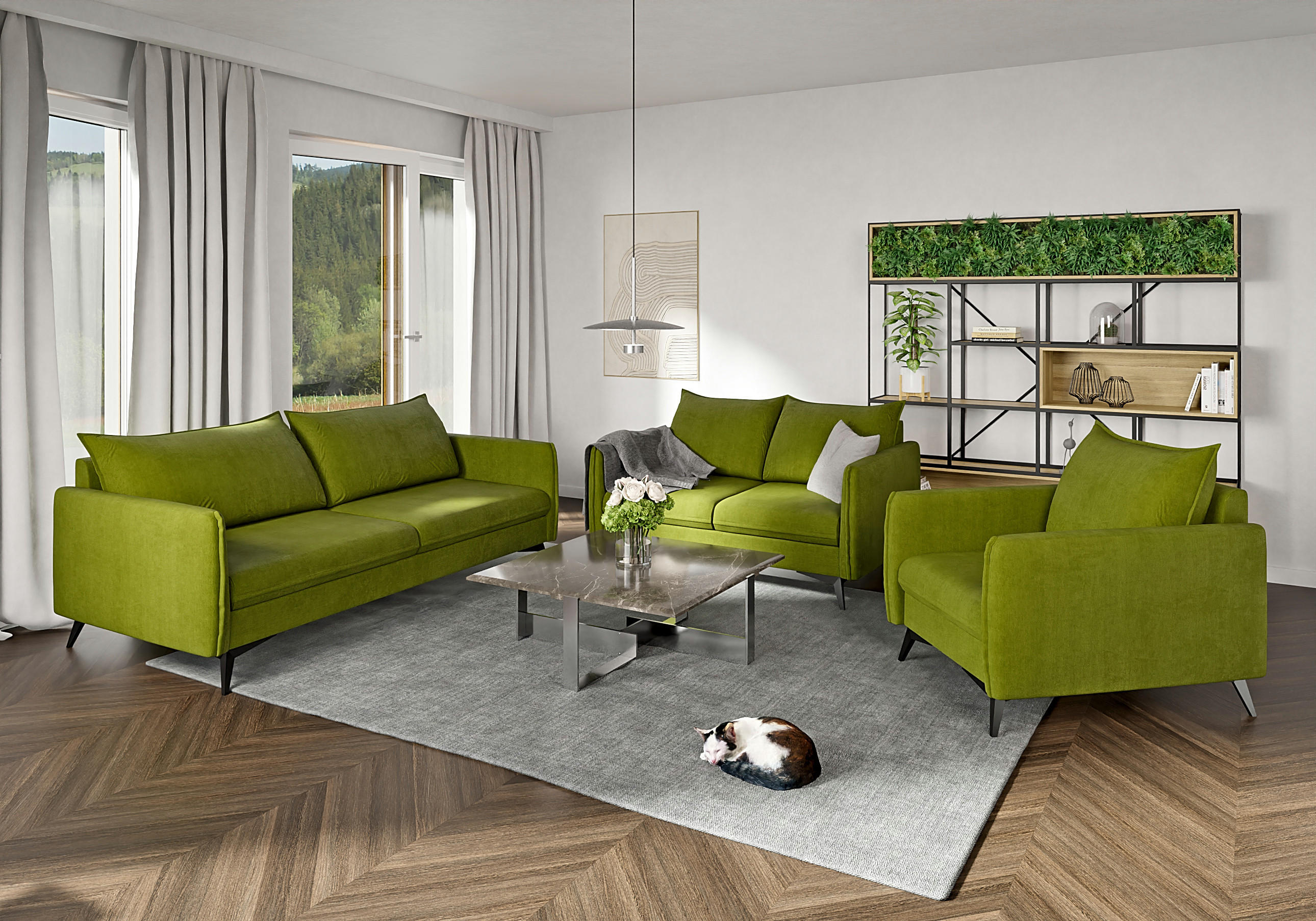 SITZGARNITUR 3+2+1 Pulse Grün Luxusmikrofaser - Schwarz/Grün, Holz/Textil (199/86/91cm) - S-Style Möbel