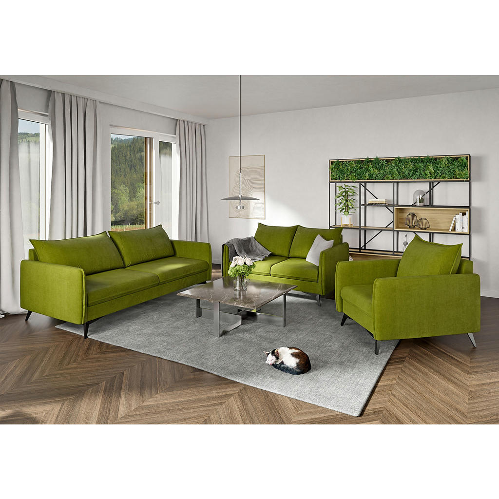 Thumbnail - S-Style Möbel Sitzgarnitur, Grün, Textil, Echtholz,Buche, Birke, 6-Sitzer, Füllung: Polyetherschaumkern, 199x86x91 cm, B...