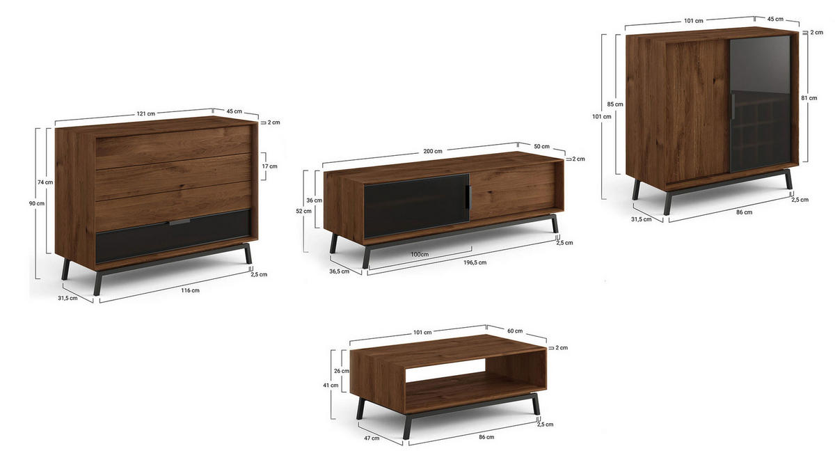 WOHNWAND 4er-Set Modern Loft Eiche Tabak 523 / 60 / 101cm - Eichefarben/Dunkelbraun, Holz/Metall (523/101/60cm) - Feldmann-Wohnen