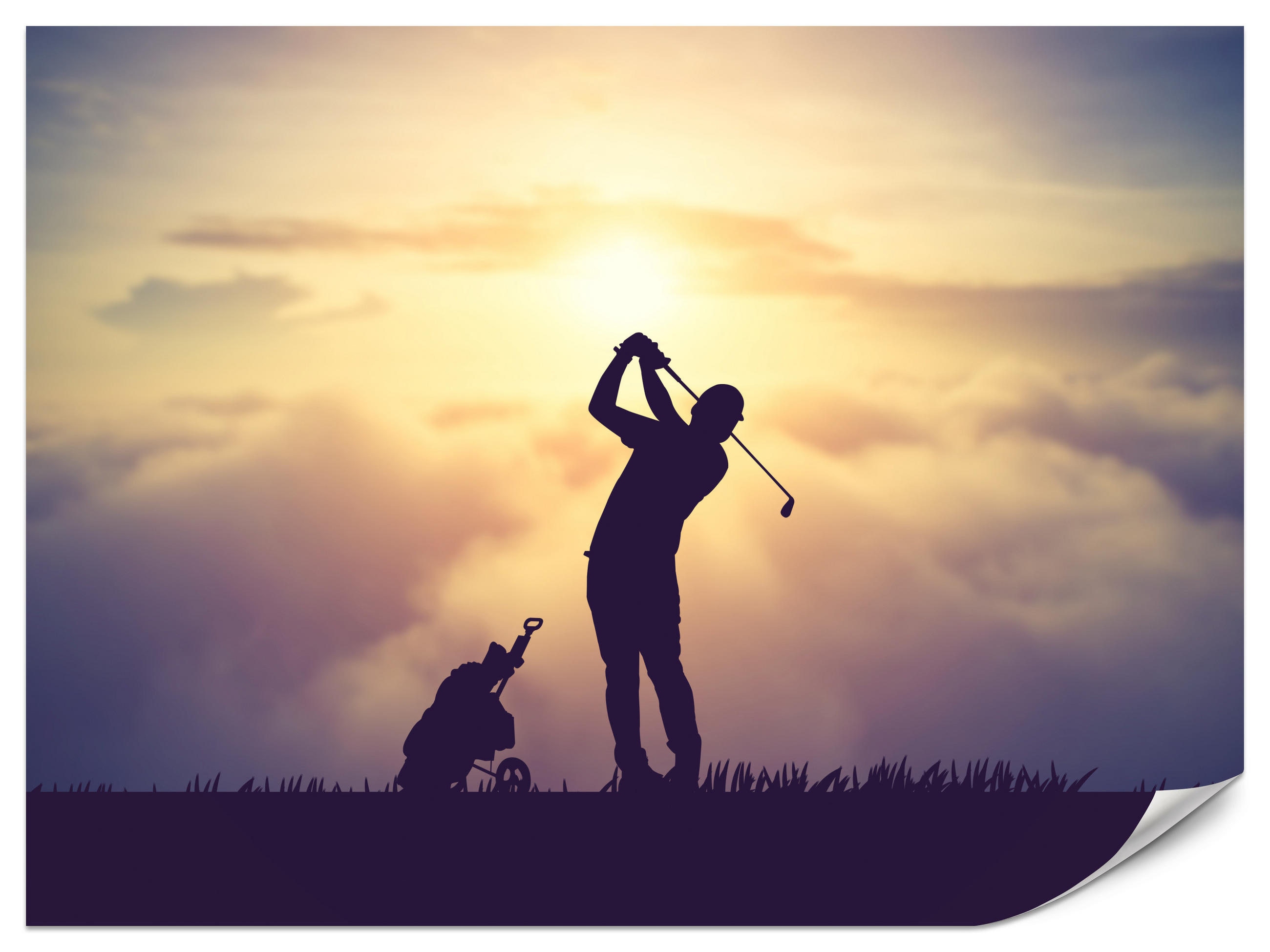 FOTOTAPETE für Jugendzimmer Golfer Sonnenuntergang Silhouette Sport 200x140 - Gelb/Violett, Papier (200/140cm) - Muralo
