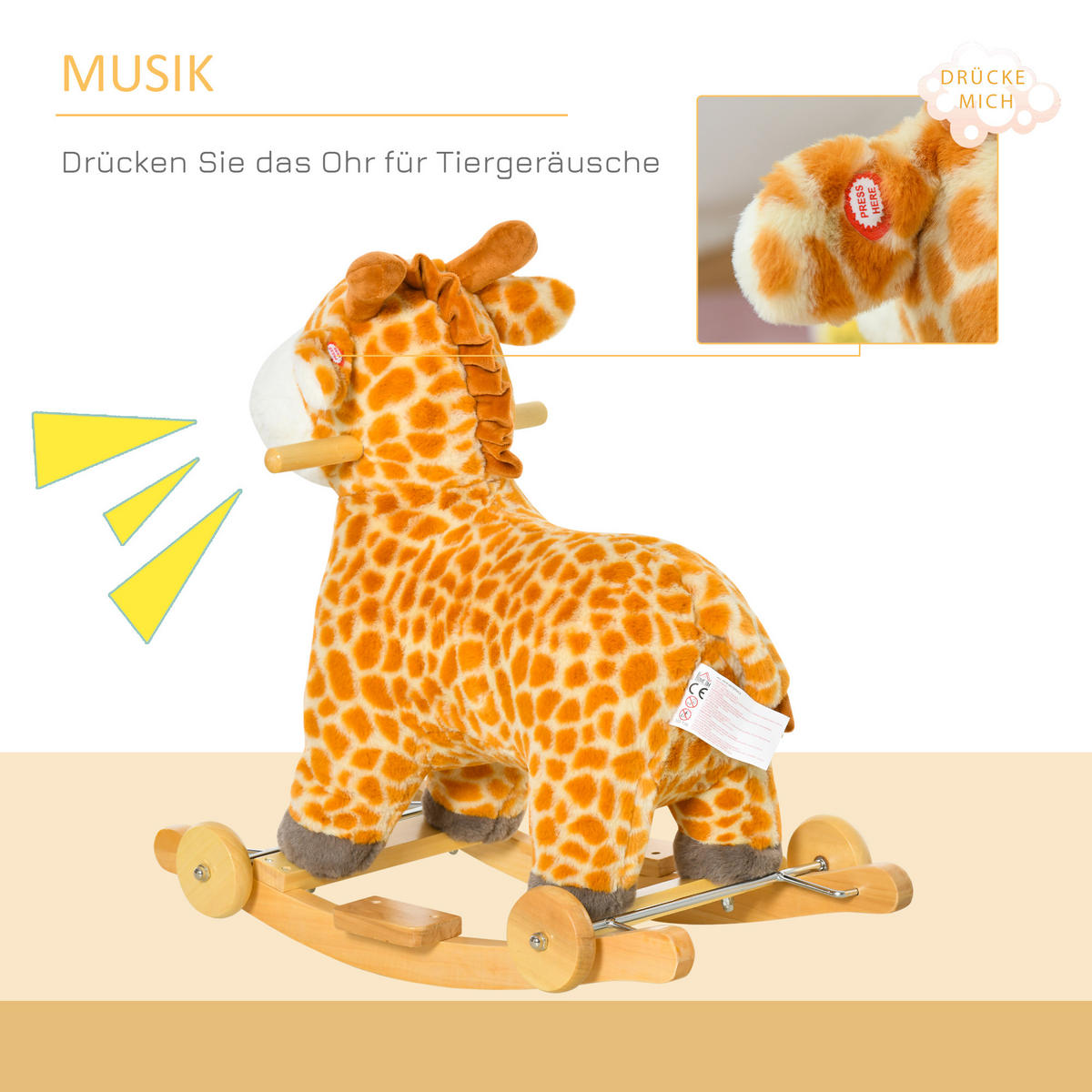 KINDER SCHAUKELTIER, Gelb, Plüsch+ Pappel - Gelb, Holz (38/63/63cm) - HOMCOM