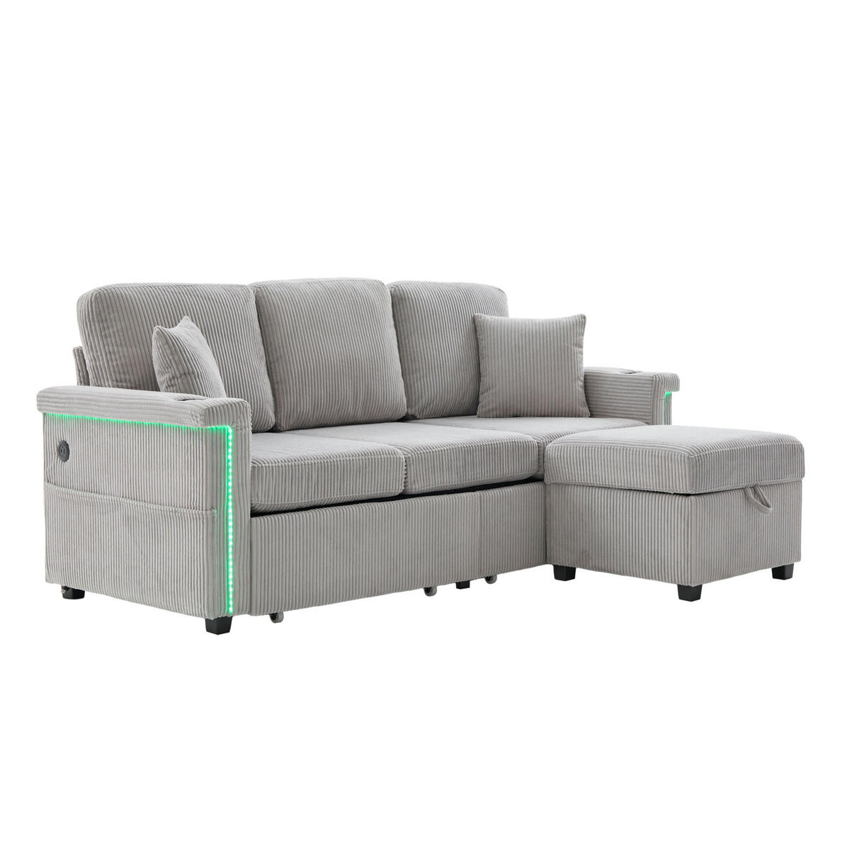 SOFA mit LED und USB/Type-C 194 x 73 x 81 cm Corduroy Hellgrau - Hellgrau, Kunststoff (194/81/73cm) - Meubliv