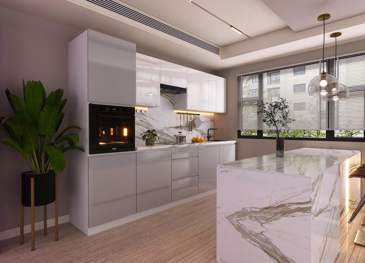 KÜCHENZEILE 300 cm Glanzia – KU-S01 – Grau / Weiß - Weiß Hochglanz/Grau, Holz/Holzwerkstoff (300/212/58cm)