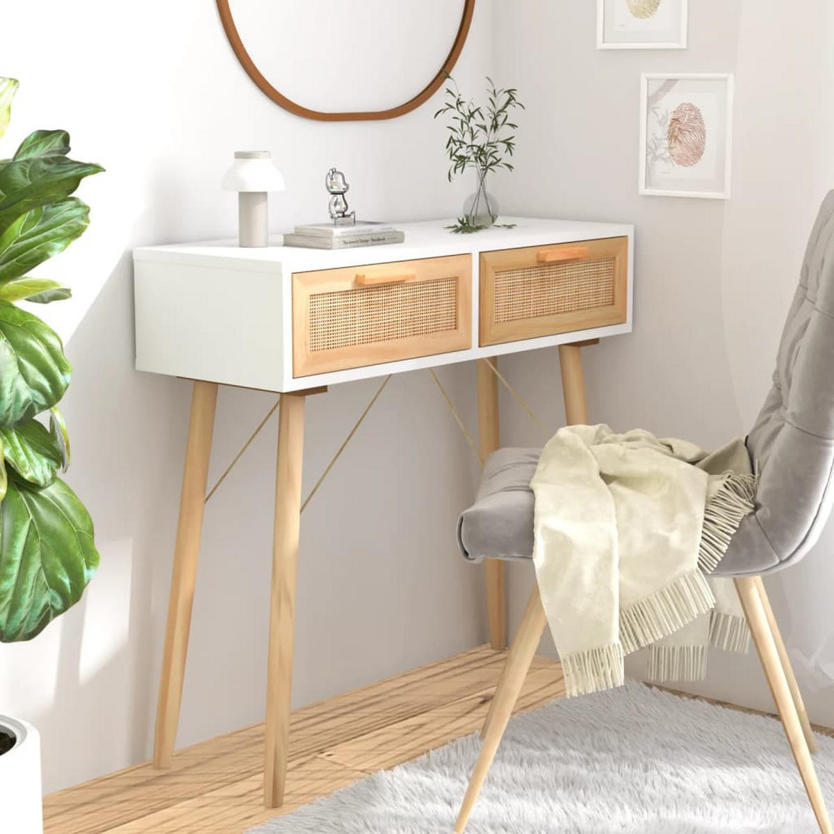 KONSOLENTISCH Weiß 80/30/75 Cm Massivholz Kiefer Natur-Rattan - Braun/Weiß, Holz (80/30/75cm) - vidaXL