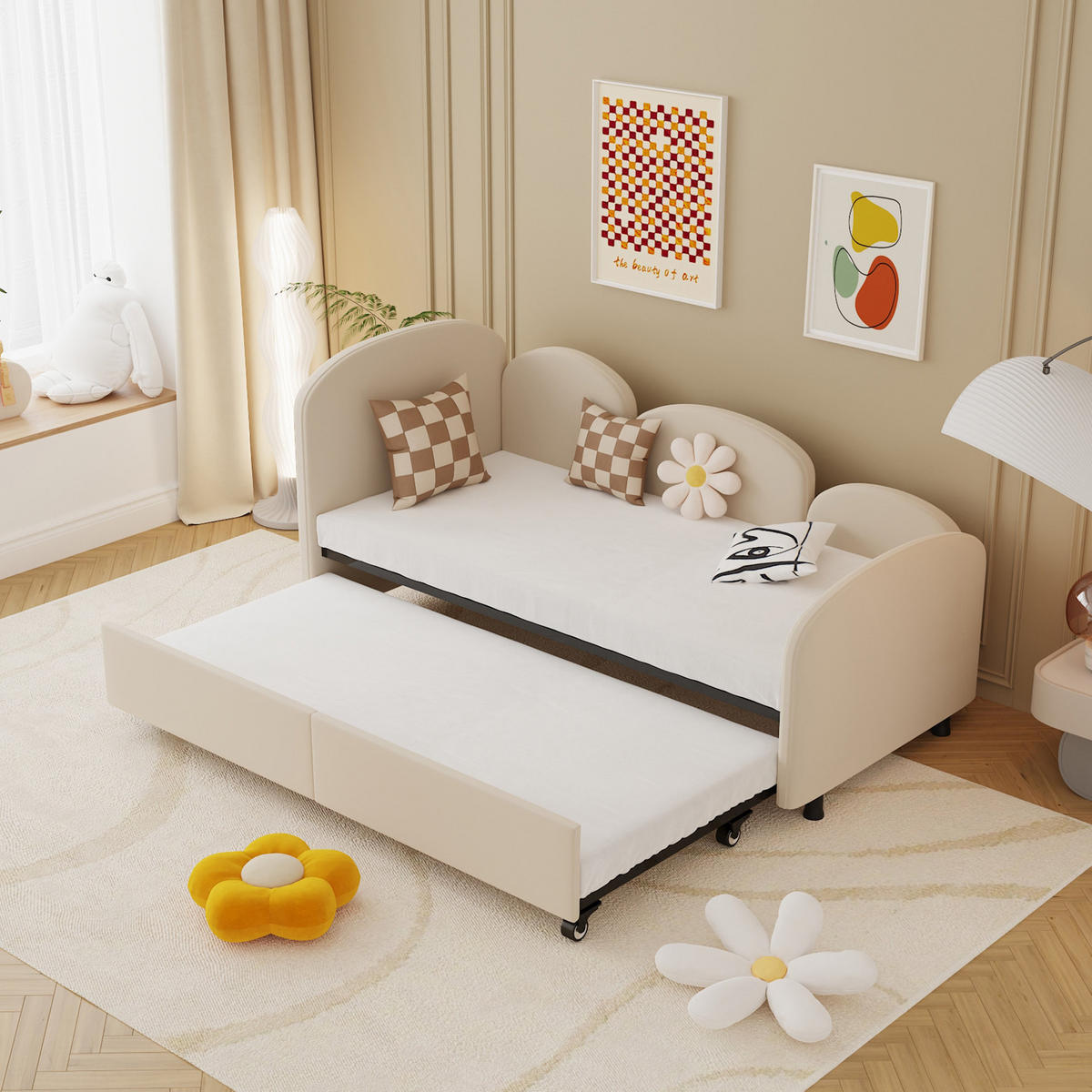 POLSTERBETT 90/200 cm in Beige aus Samt mit Schublade und Blumenform - Beige, Textil (90/200cm) - Flora Grace