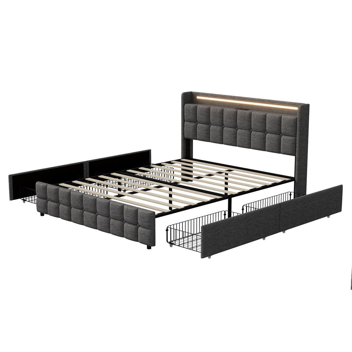POLSTERBETT 160x200 cm LED Kopfteil 4 Schubladen USB grau - Grau, Holz (160/200cm) - LEBENLANG