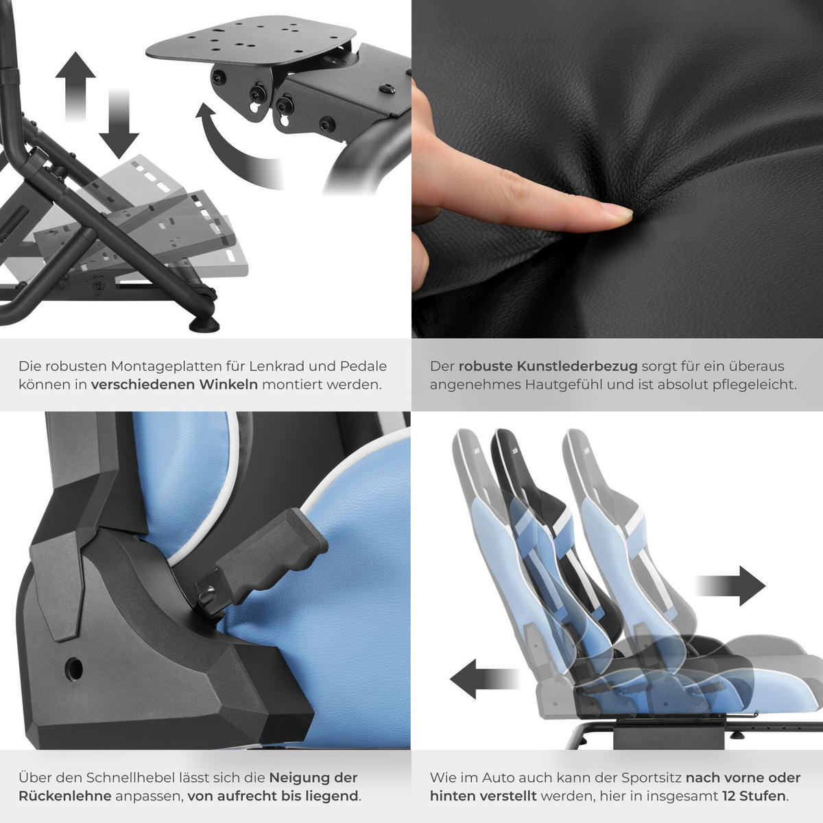 GAMINGSTUHL Play Racing-Cockpit, GT-Style, Logitech/Fanatec kompatibel, schwarz/azurblau,57 x 144 x 108,5 cm - Schwarz/Hellblau, Metall (57/62/220cm) - tectake