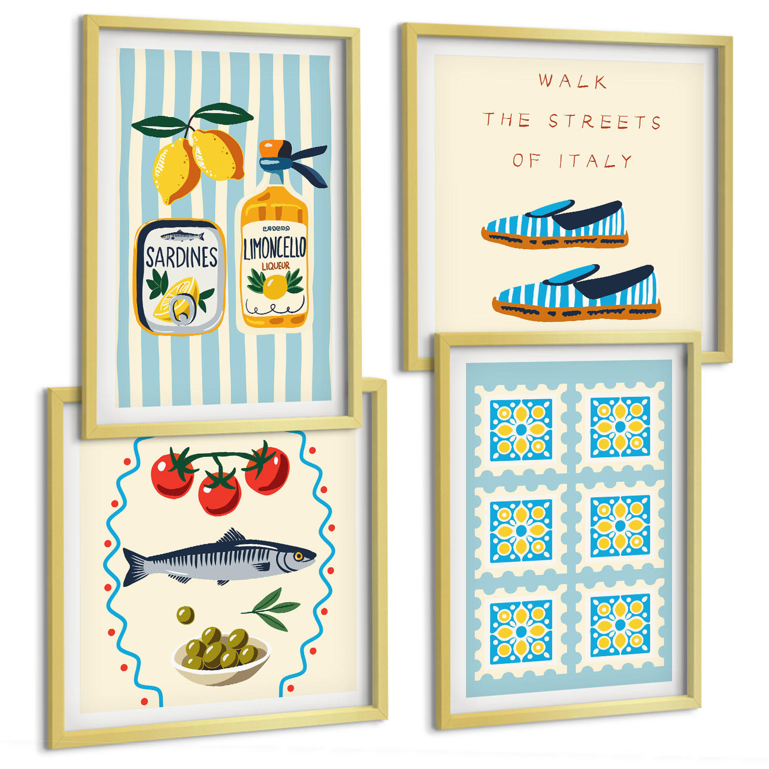 BILDER SET 4er Set - 50x50 cm & 40x60 cm Goldrahmen - Fruchtmuster und italienische Kultur - Goldfarben, Kunststoff (50/50cm) - TULUP