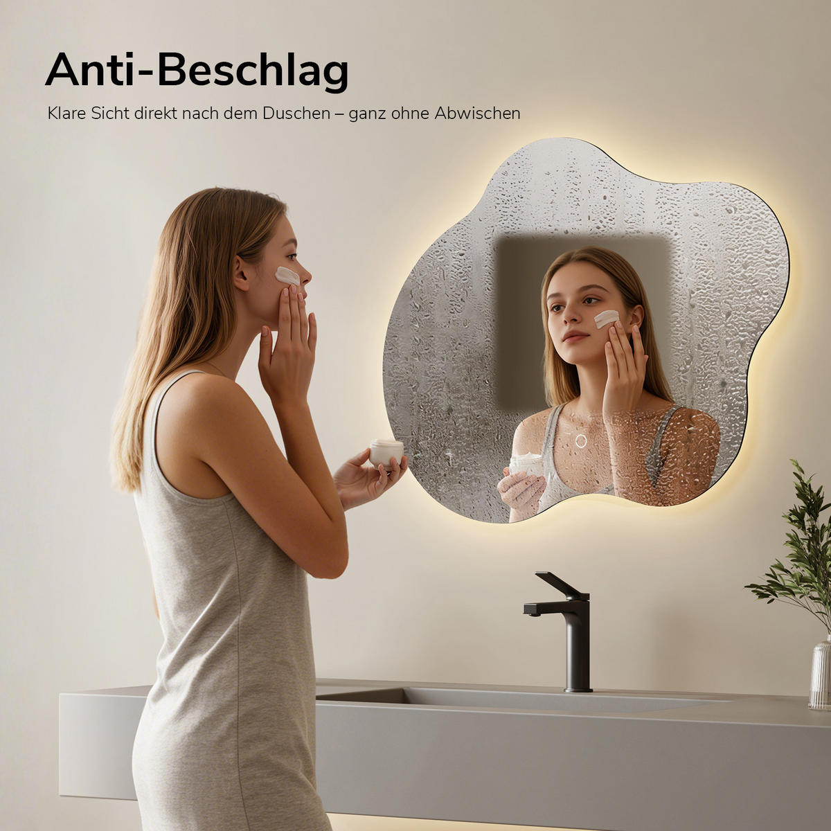 BADSPIEGEL asymmetrisch mit LED-Beleuchtung, Antibeschlag 60/50/3 cm - Transparent, Glas (60/50/2.9cm) - EMKE
