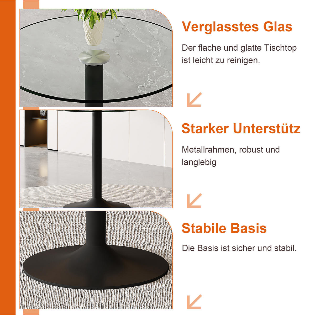 RUNDER Bartisch 89/89 cm, Höhe 92 cm mit Glasplatte und schwarzem Metallgestell - Schwarz, Holzwerkstoff (89/89/92cm) - BEAOK