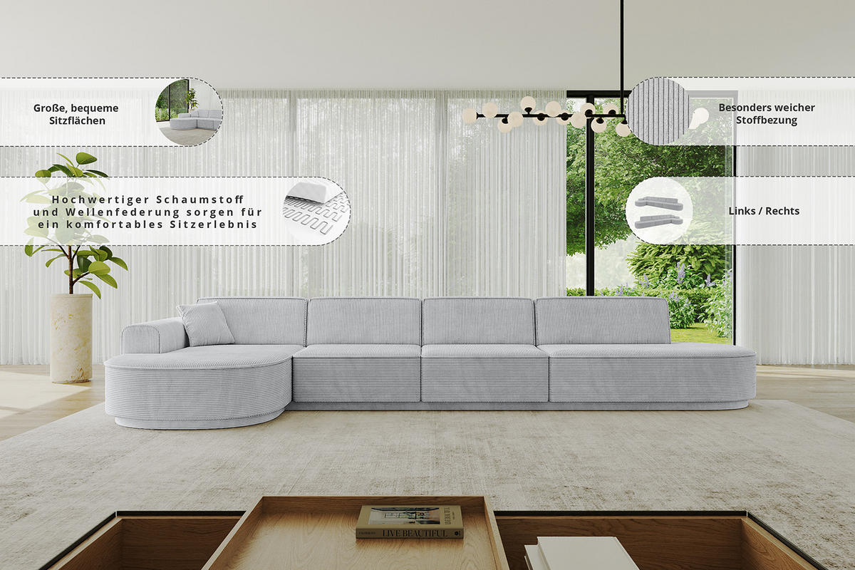 ECKSOFA Ottomane Links MARI-L3 - 402x163x81 cm Weiß Bouclé - Schwarz/Weiß, Holzwerkstoff/Kunststoff (165/406cm) - ALTDECOR