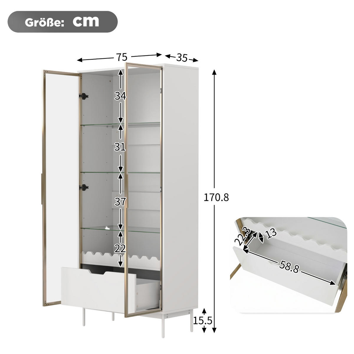 KÜCHENSCHRANK MIT GLASTÜR 75/170,8/35 cm, MDF, Weiß-Gold, HÖHENVERSTELLBARE GLASREGALE, vielseitiger Wohnzimmerschrank - Weiß, Holzwerkstoff (35/170.8/75cm) - Rolipo