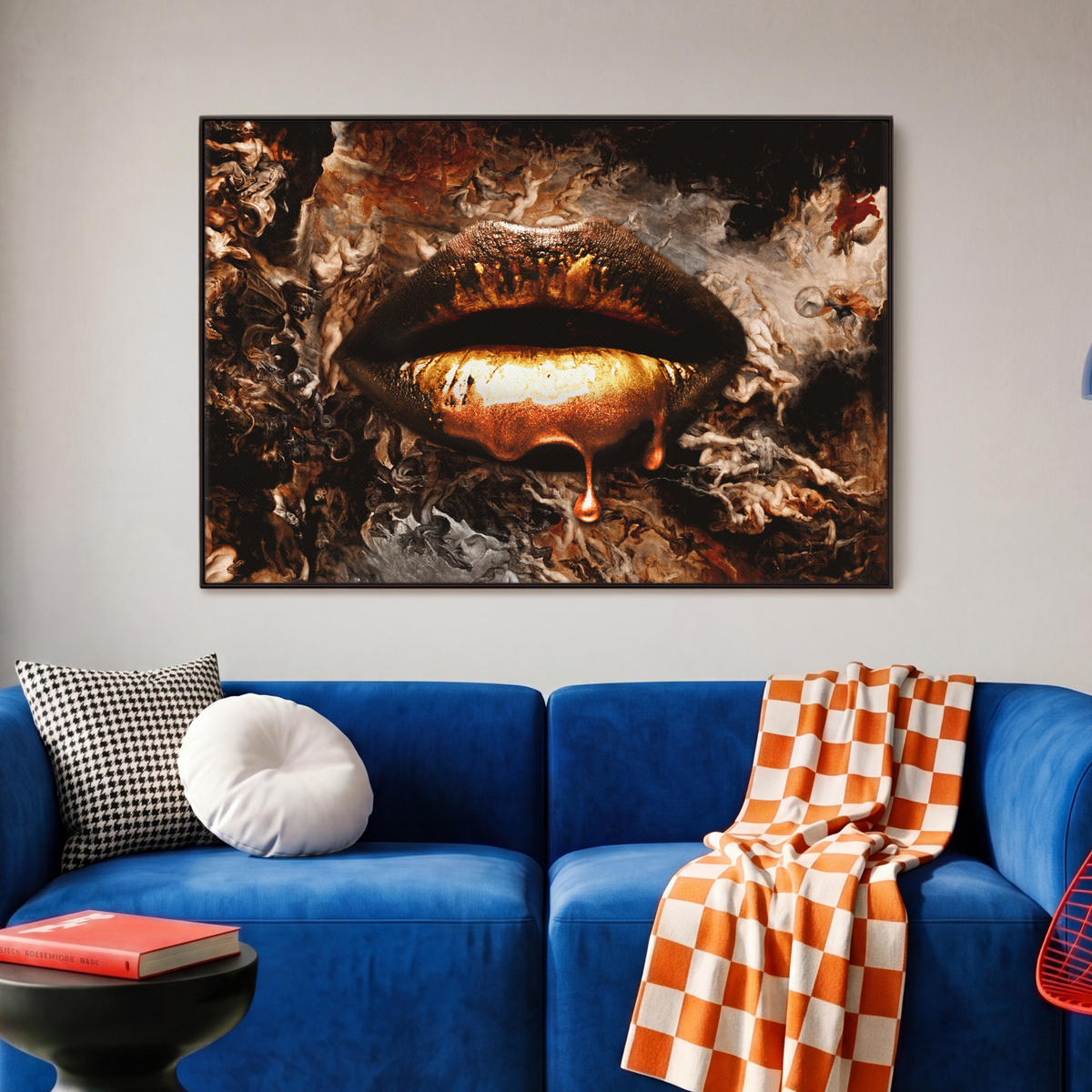 LEINWAND Bilder mit Rahmen - Gold - Lippen - Kunst - Gold - Luxus - Abstrakt - 90x60 - Kupferfarben, Textil (90/60cm) - MuchoWow