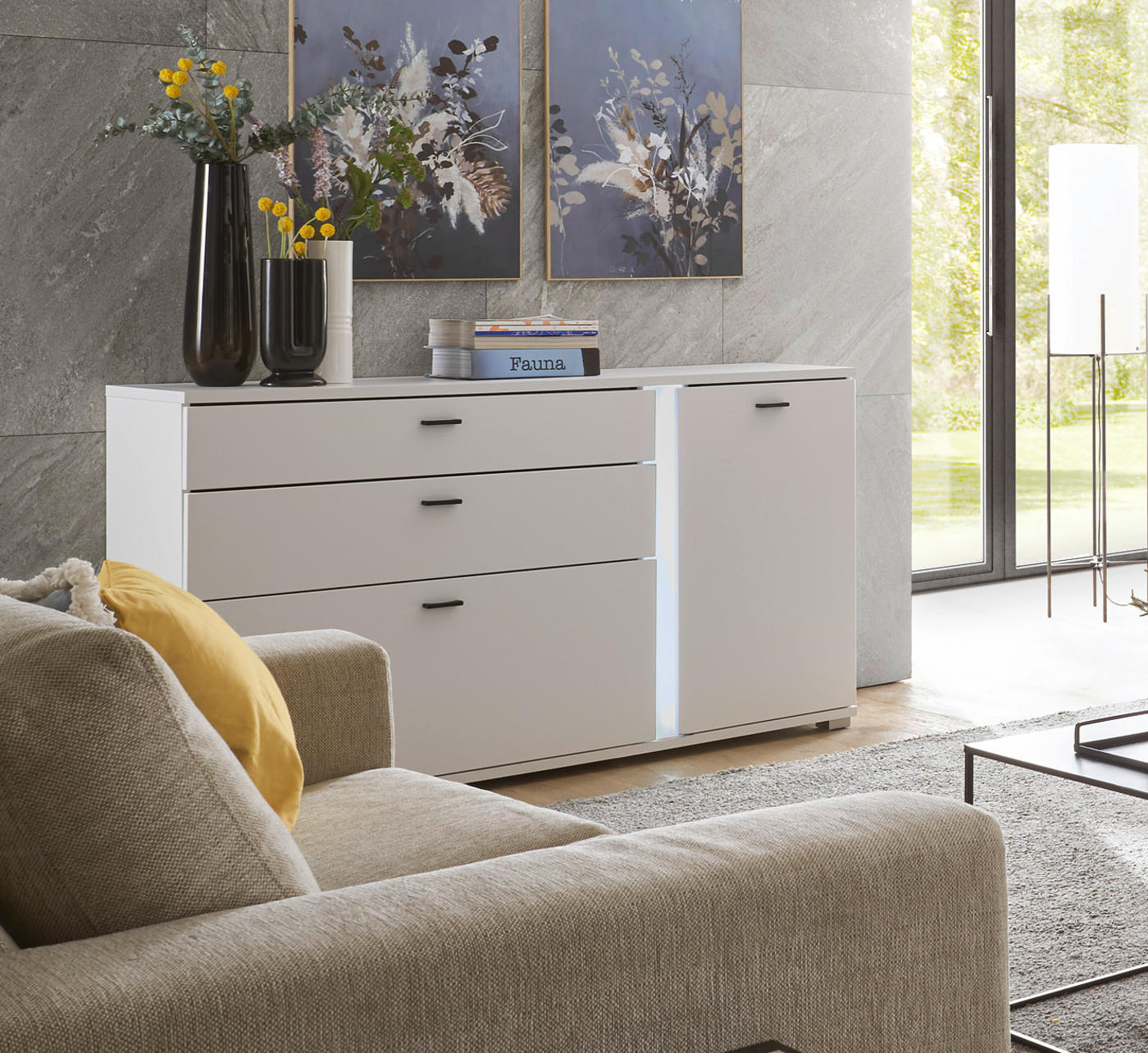 SIDEBOARD weiß matt, Kommode inklusive Frontbeleuchtung 150 cm - Weiß, Holzwerkstoff (150/86/42cm) - Furn.Design