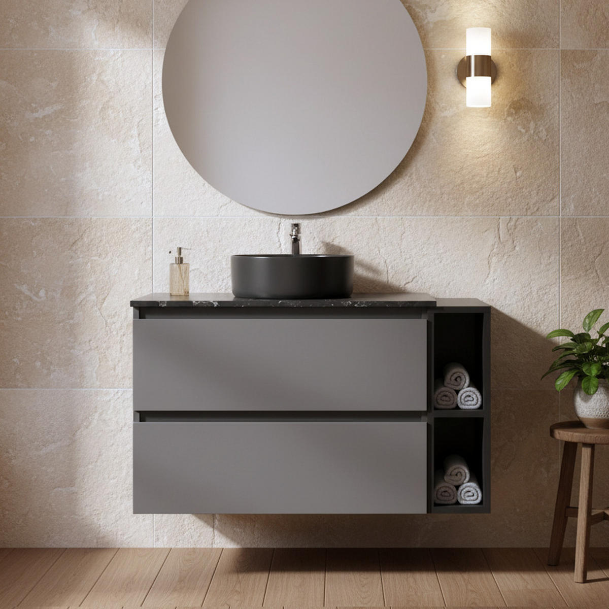 WASCHTISCHKOMBI Schwarz-Grau mit Keramikbecken - Grau, Holzwerkstoff (80/48/44cm) - Urban Meuble