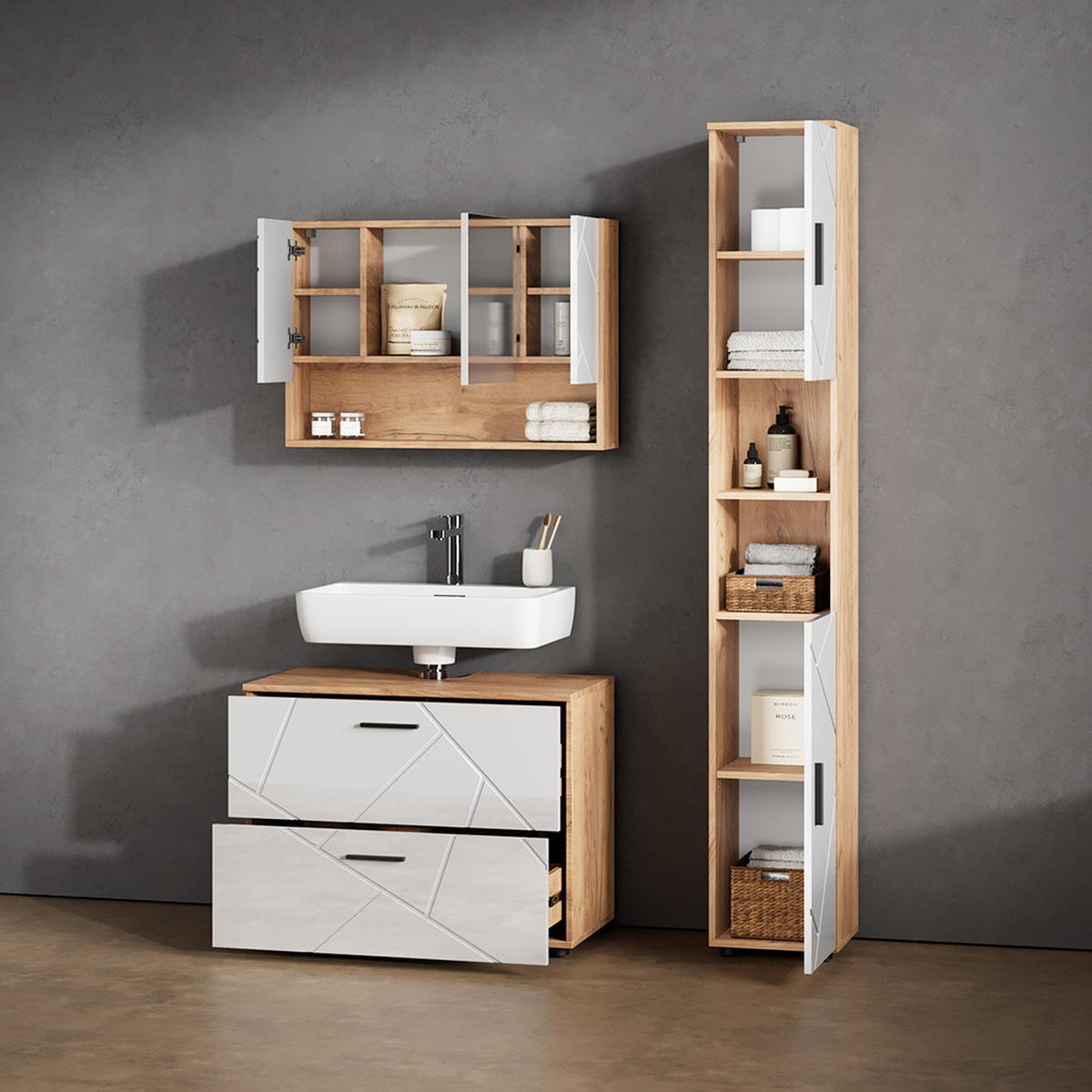 BADSCHRANK Ronco Weiß Hochglanz/Goldkraft Eiche 30 x 192 cm mit Türen, und offenen Fächern - Weiß Hochglanz/Eiche Wotan, Holzwerkstoff (30/192/30cm) - Livinity®
