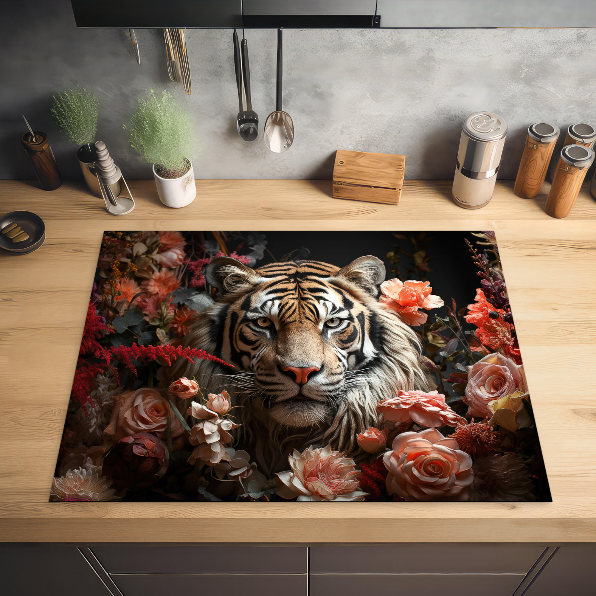 HERDABDECKPLATTE Tiger - Tier - Natur - Floral - Botanisch 77x59 cm - Orange, Kunststoff (77/0.2/59cm) - MuchoWow