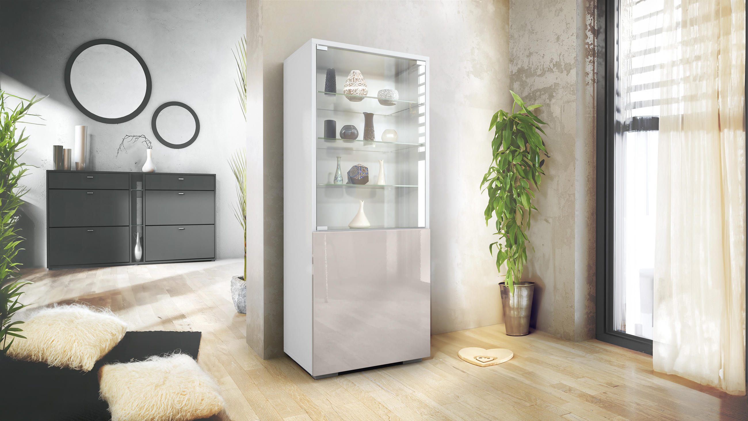 VITRINE Granada Sandgrau Hochglanz - Sandfarben, Holzwerkstoff (50/122.5/34.5cm) - Vladon