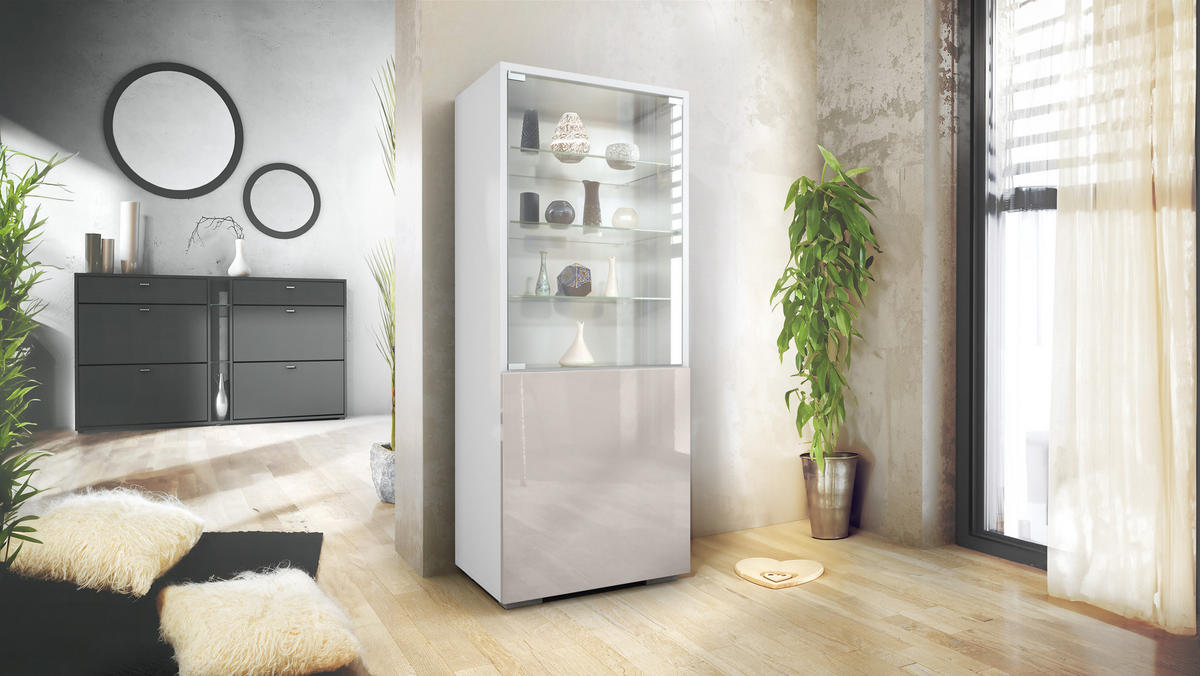 VITRINE Granada Sandgrau Hochglanz - Sandfarben, Holzwerkstoff (50/122.5/34.5cm) - Vladon