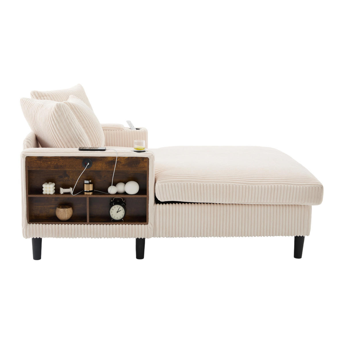 CHAISELONGUE 129/170/70 cm mit LED-Beleuchtung, USB-Ladeanschluss, Stauraum und Becherhaltern, Beige - Beige, Textil (170/70/129cm) - Redom