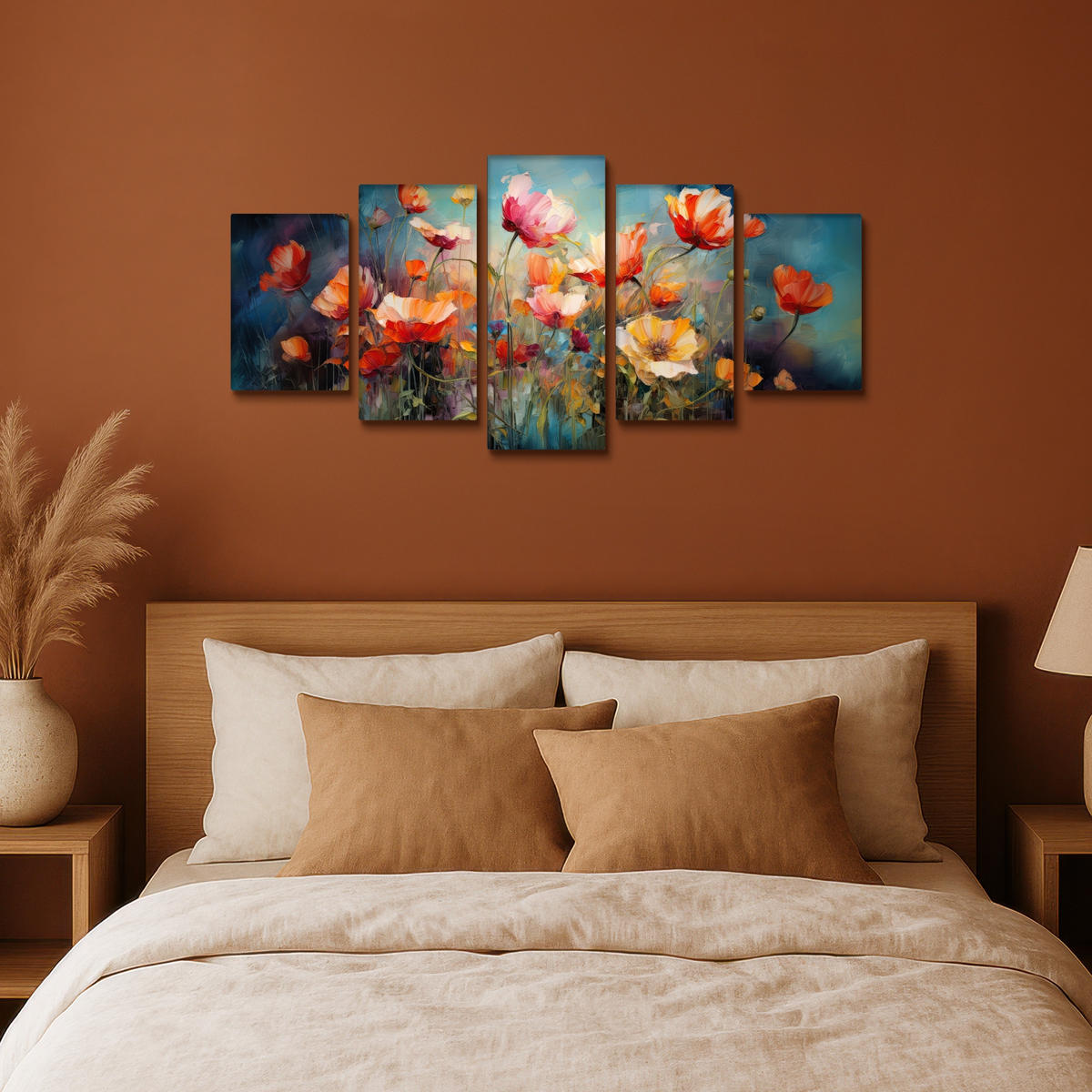 LEINWANDBILD 5er Set Blumen - Bunt - Abstrakt 100x50 cm - Blaugrau, Textil (100/50cm) - MuchoWow