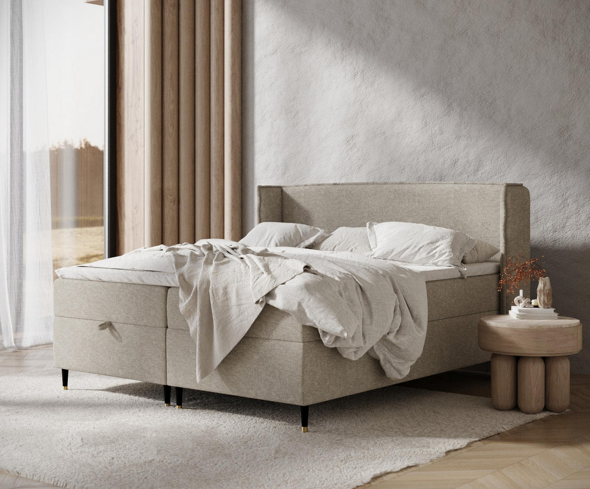 BOXBETT Monpelli Beige Grau 180/200 cm mit Matratze und Topper - Beige/Schwarz, Holz/Holzwerkstoff (180/200cm) - Maison de Reve