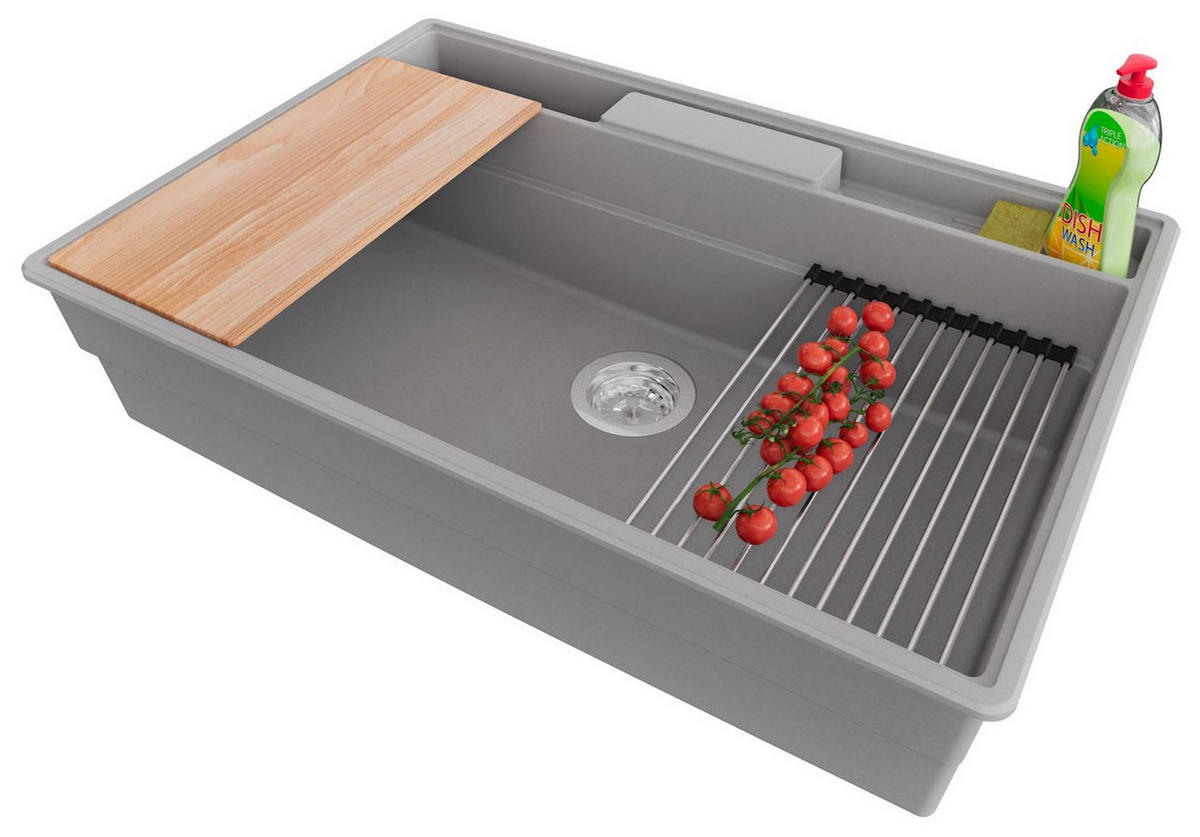 SPÜLBECKEN New York, 2-er set Grau 78/53 cm 1 Becken + Ablauf-Set + Küchenzubehörset ab 80er Unterschrank - Chromfarben/Beige, Kunststoff (78/20/53cm) - Primagran