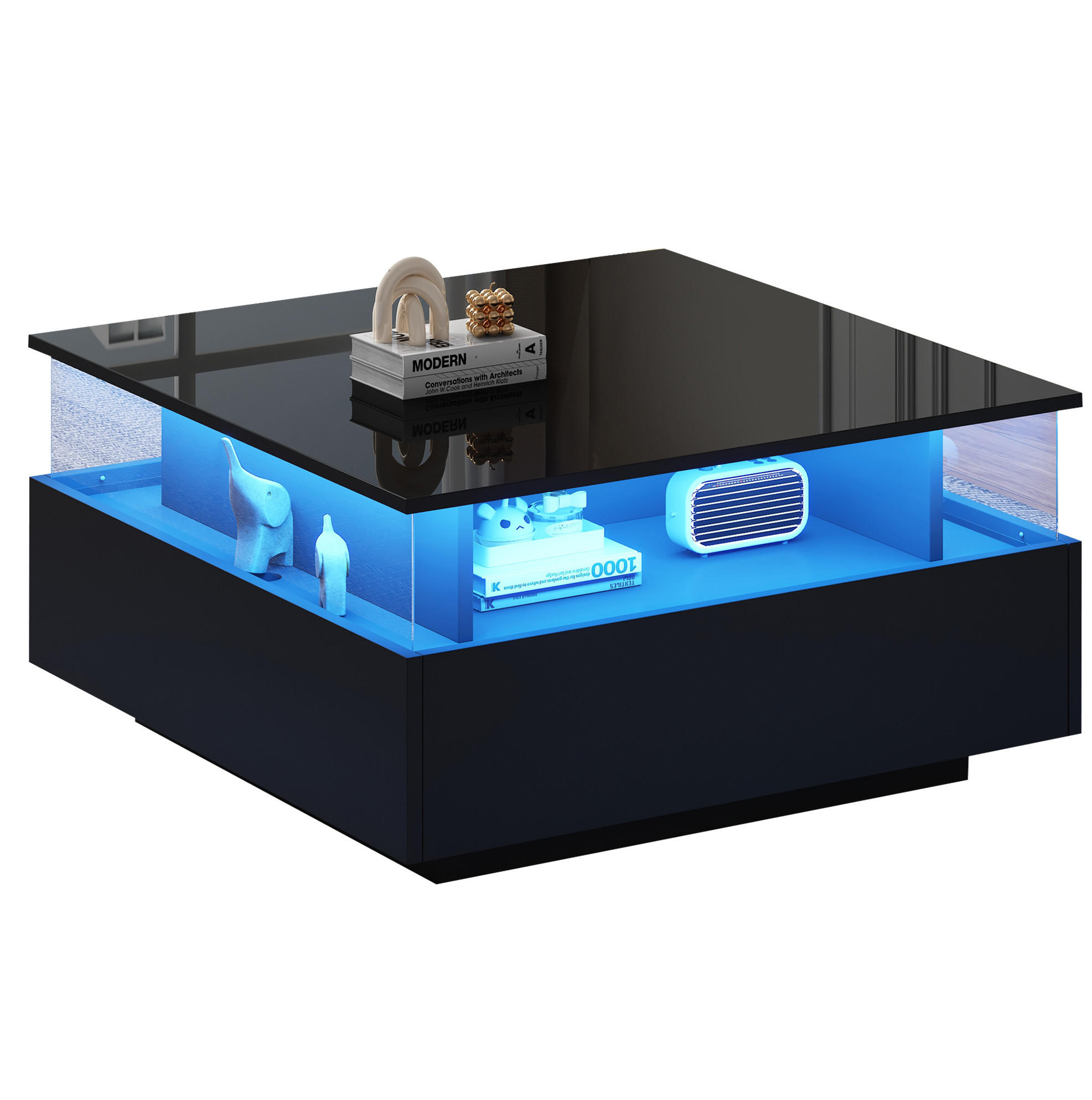COUCHTISCH 70/70/41 cm in Schwarz mit LED-Beleuchtung und 2 Schubladen - Schwarz, Holzwerkstoff (70/70/41cm) - Flora Grace