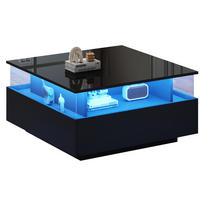 COUCHTISCH 70/70/41 cm in Schwarz mit LED-Beleuchtung und 2 Schubladen - Schwarz, Holzwerkstoff (70/70/41cm) - Flora Grace