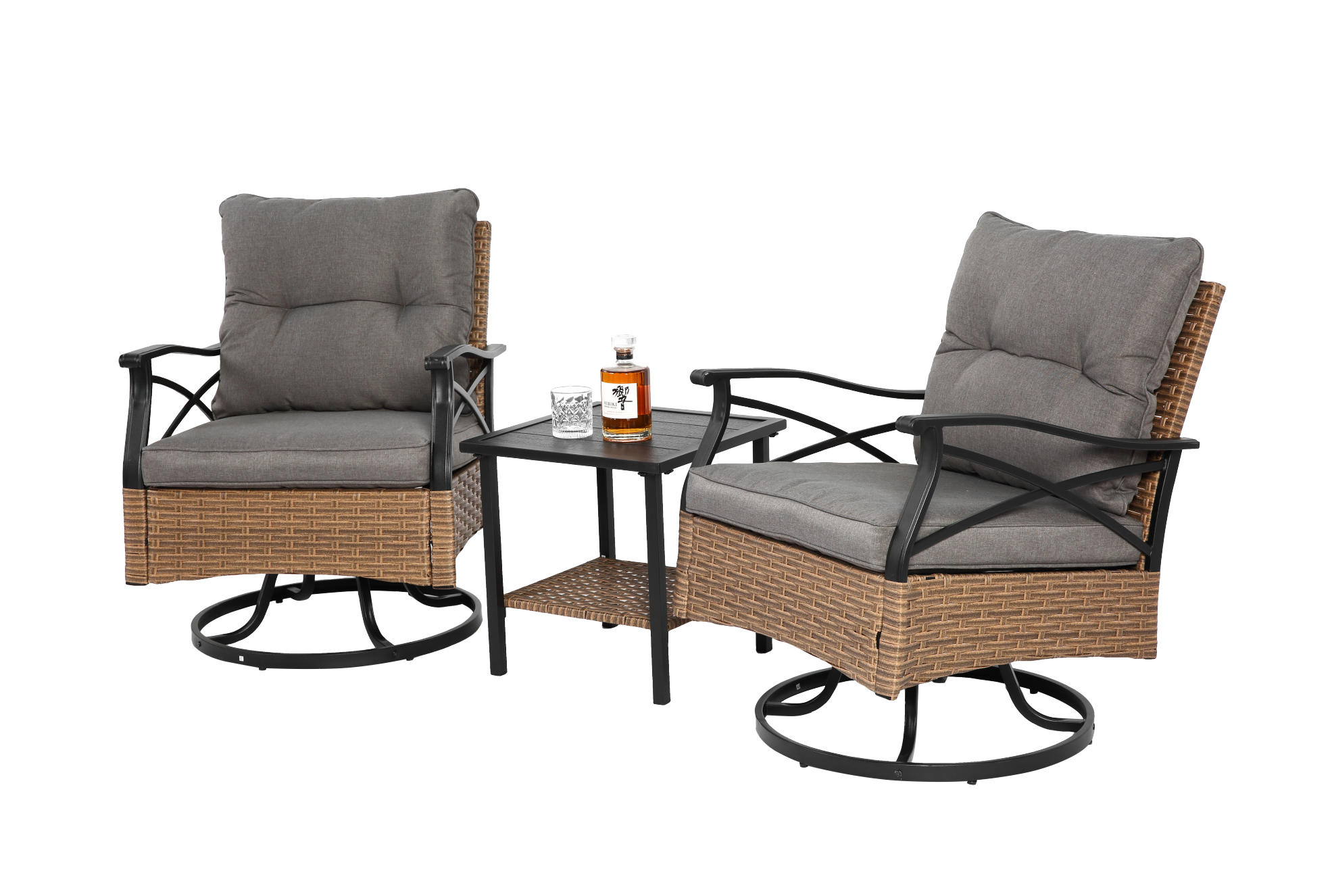GARTENSET 64/82/58 cm Braun-Grau aus Stahl mit Dreh- und Schaukelfunktion 3er Set - Grau, Metall - OKMYHOME