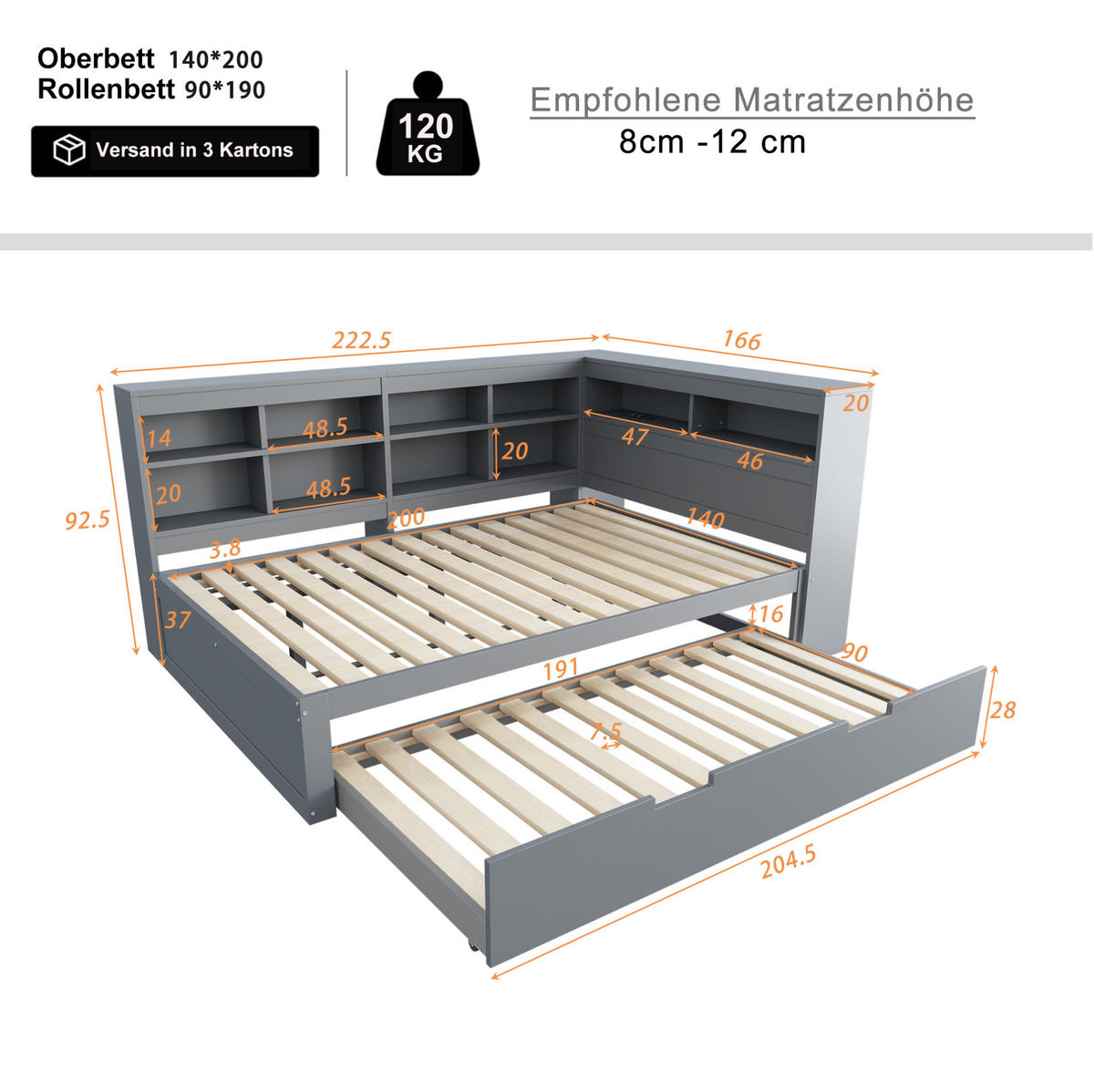 SCHLAFSOFA aus Kiefernholz 140x200 cm Grau mit Ausziehbett, USB-Steckdose und Stauraum - Grau, Holzwerkstoff (140/200cm) - IVMEU
