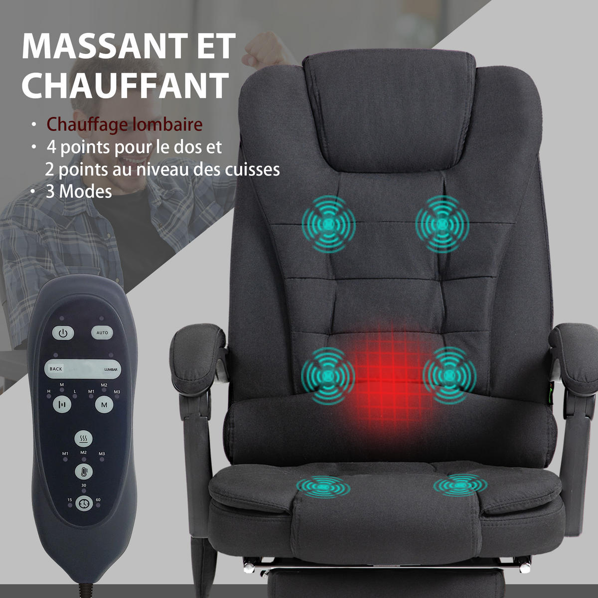 CHEFSESSEL DE-11715 Massage- & Heizfunktion mit neigbarer Rückenlehne Schwarz - Schwarz, Textil (70/119/65cm) - ComfortXL