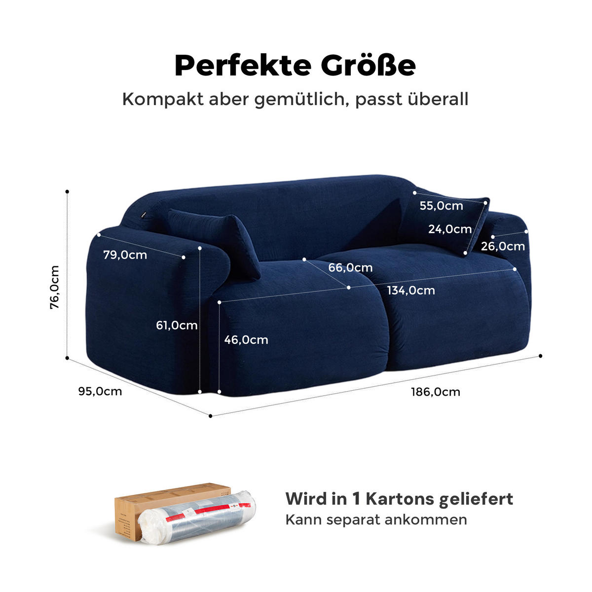 2-SITZER-SOFA Hochsättigung komprimiert, DE-42530, Dunkelblau - Dunkelblau, Textil (186/76/95cm) - ComfortXL