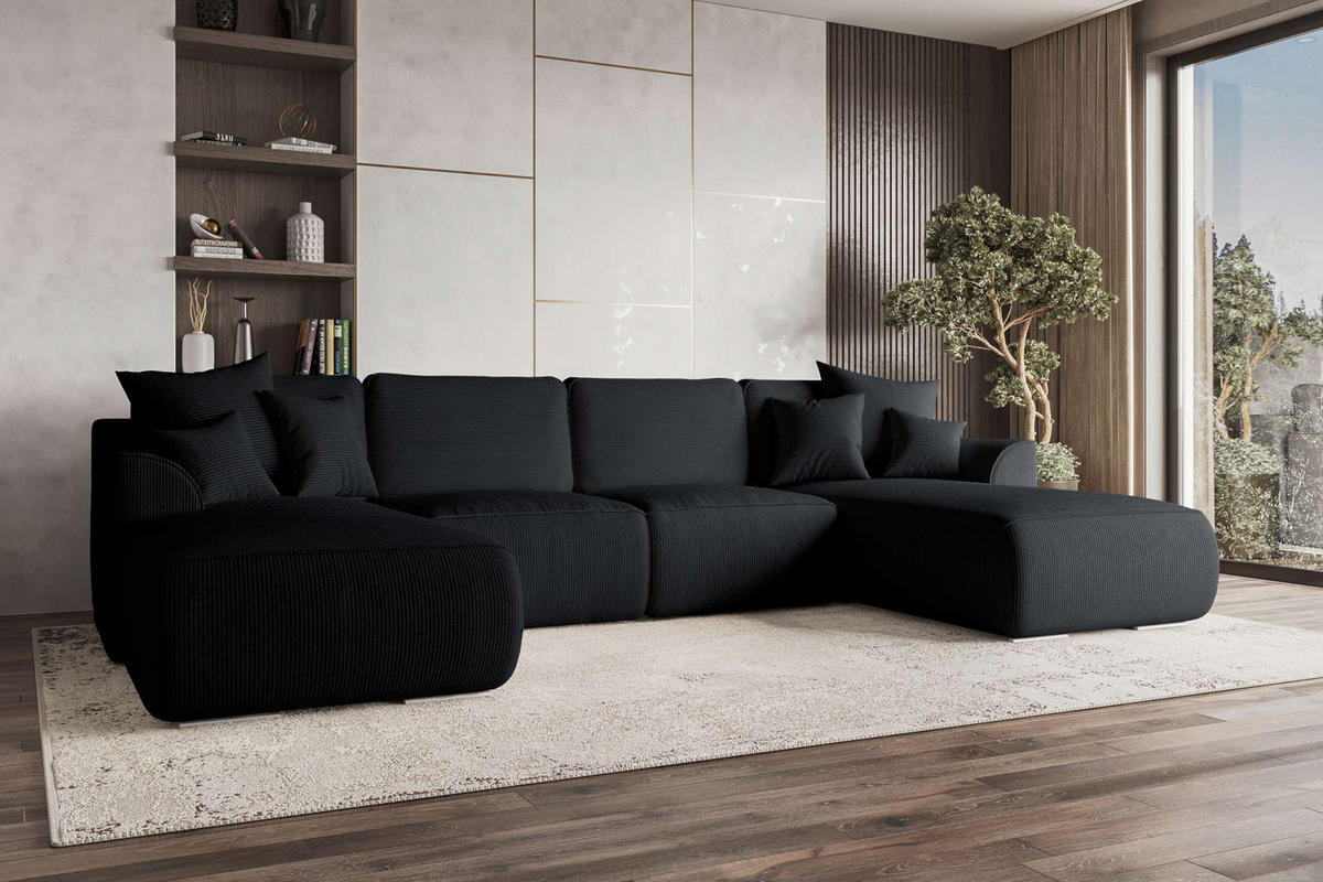 WOHNLANDSCHAFT GUSTO Cordstoff Schwarz inkl. Schlaffunktion - Chromfarben/Schwarz, Kunststoff/Textil (306/96/194cm) - 99rooms