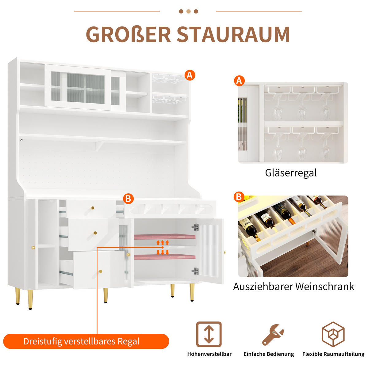 BUFFET 145/39/171 cm Weiß aus MDF mit LED und Weinregal - Weiß, Glas (145/171/39cm) - OKWISH