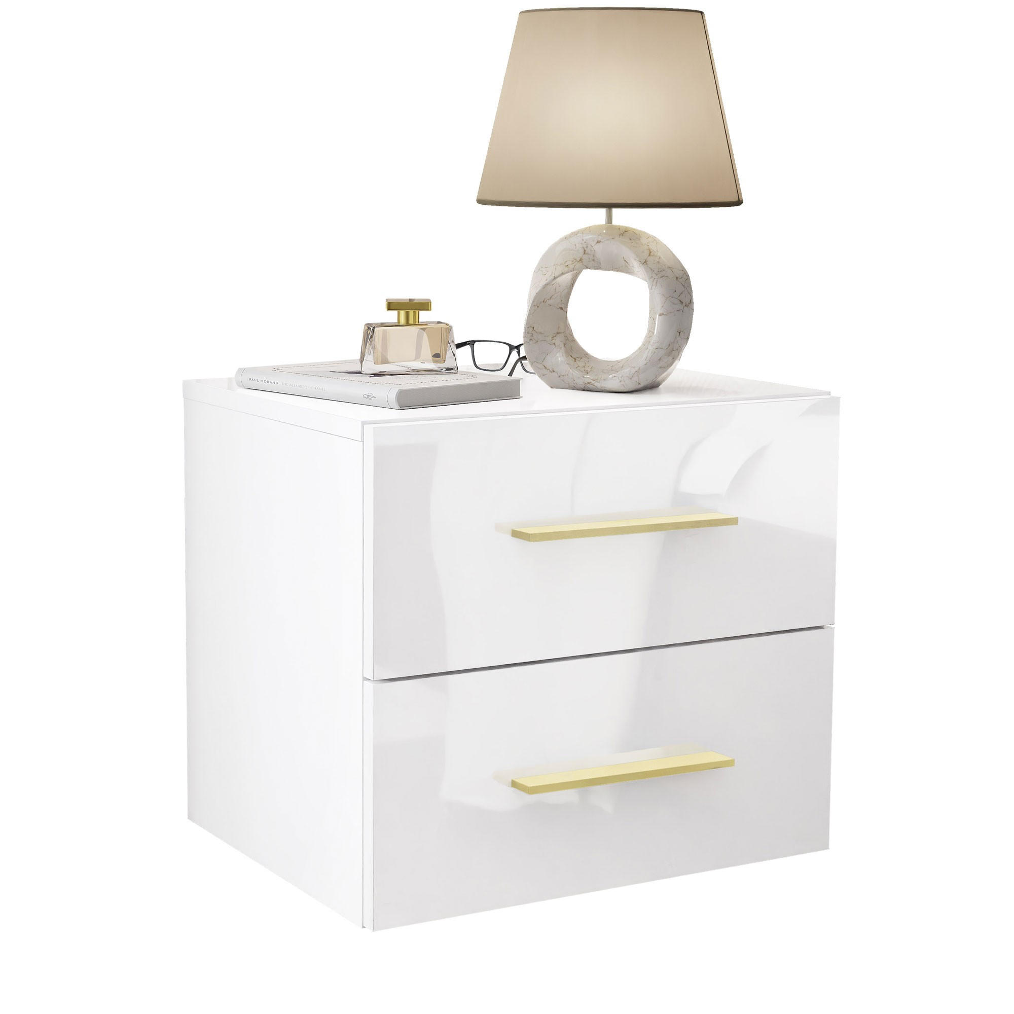 NACHTTISCH LINA LUX hängend mit Griffen und Hochglanzplatte – Griffe: Gold-Matt - Weiß, Holzwerkstoff (45/41.8/38.5cm) - Lookway