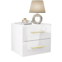 NACHTTISCH LINA LUX hängend mit Griffen und Hochglanzplatte – Griffe: Gold-Matt - Weiß, Holzwerkstoff (45/41.8/38.5cm) - Lookway