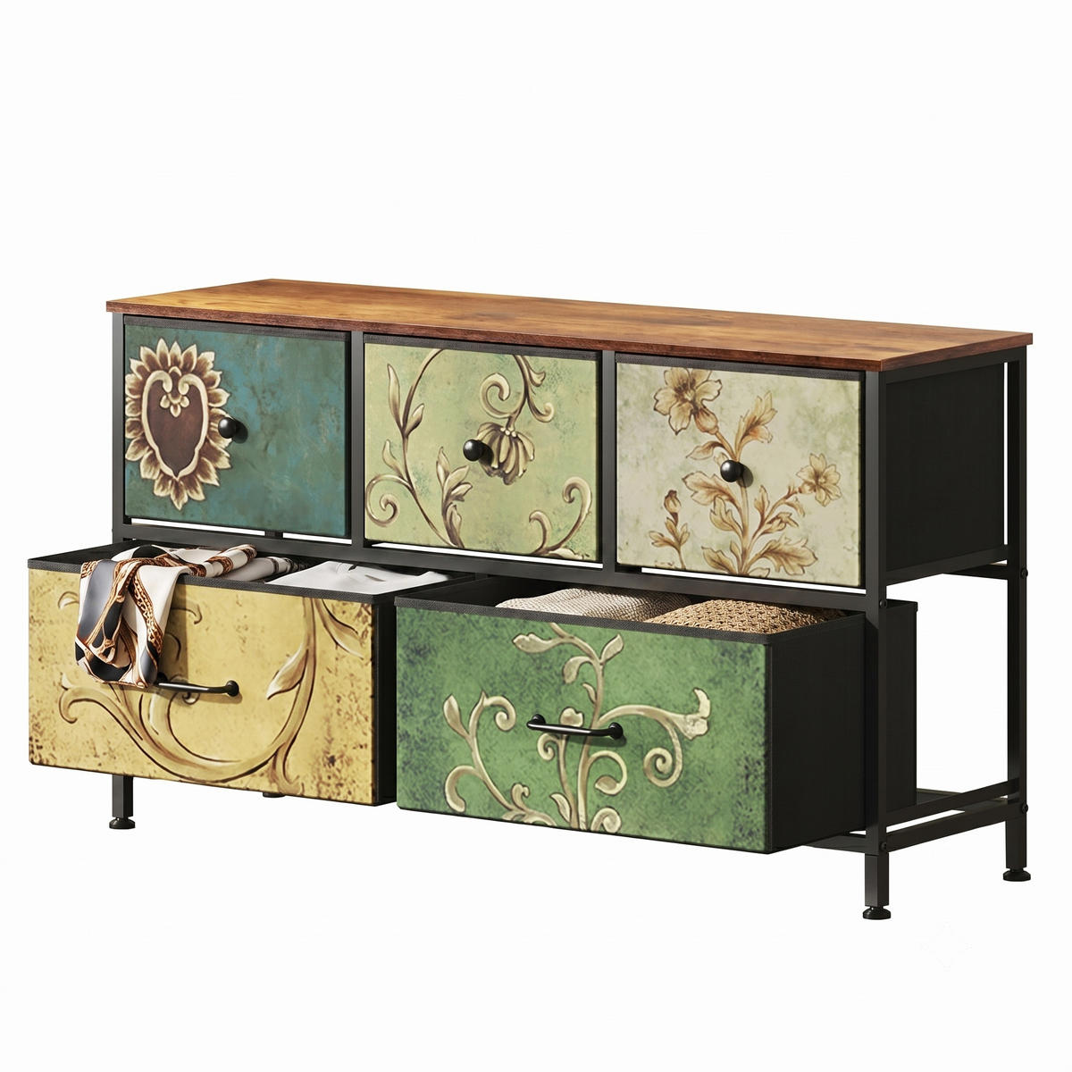STOFFKOMMODE Vintage mit 5 Schubladen 100/30/55.2 cm Rustikal-Braun - Braun, Holzwerkstoff (100/55.2/30cm) - Creahappy