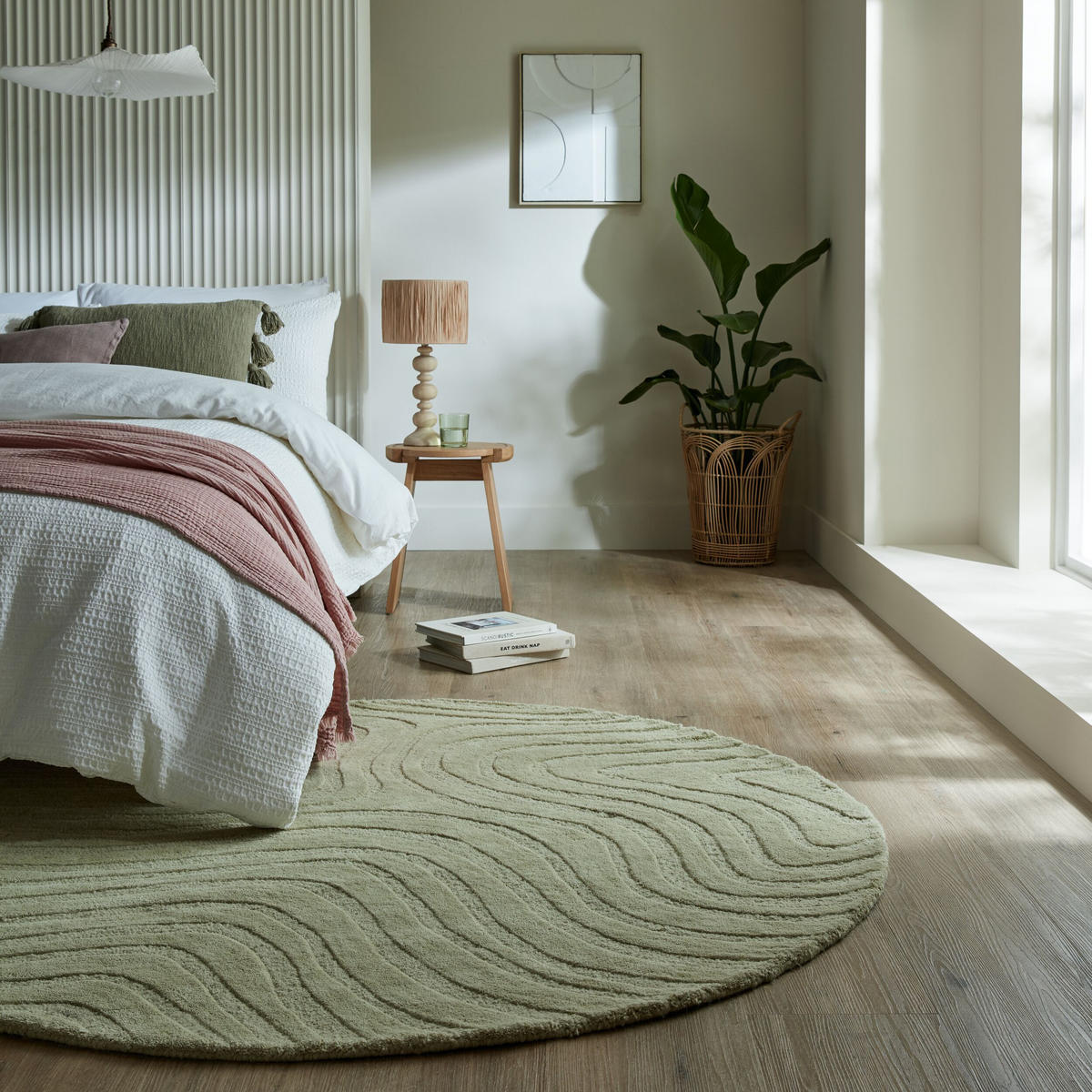 WOLLTEPPICH Wellen Abstrakt, Wohnzimmer Olivegrün Rund 160x160 - Grün, Textil (160/160cm) - KADIMA DESIGN