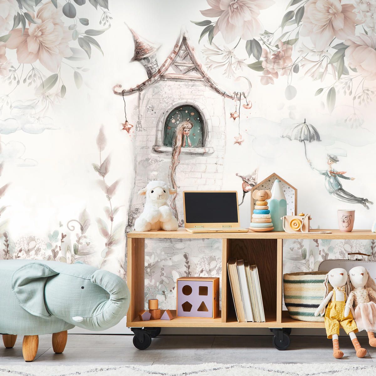 FOTOTAPETE für Kinderzimmer Prinzessin Turm Blumen Pflanzen 200x140 - Multicolor, Papier (200/140cm) - Muralo
