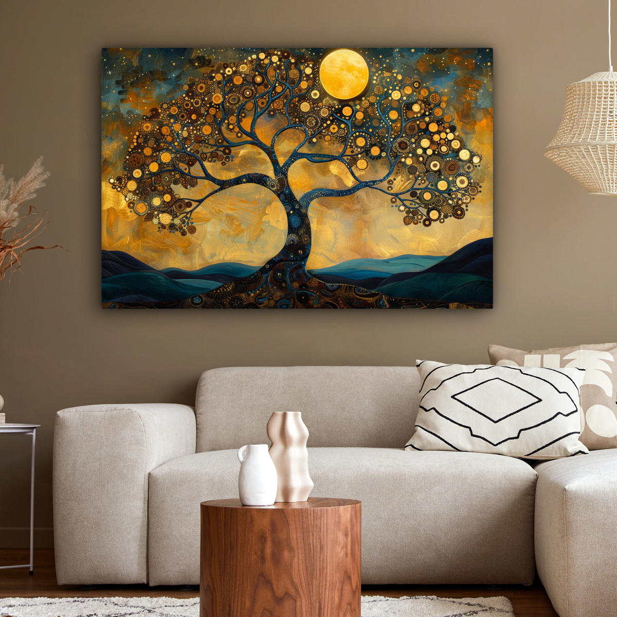 LEINWANDBILD Baum - Mond - Blumen - Gold - Kunst XXL 150x100 cm - Orange, Textil (150/100cm) - MuchoWow
