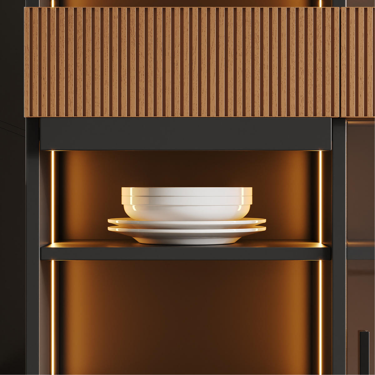 VITRINE 120x28,5x180 cm mit LED und Schiebetüren - Schwarz/Braun, Holzwerkstoff (120/180/28.5cm) - FLIEKS