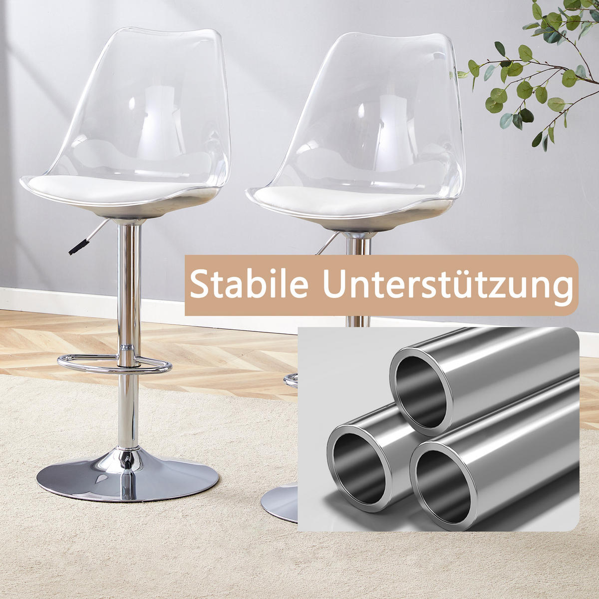 BARHOCKER 2er-Set Silber & Transparent Höhenverstellbar Drehbar mit PU-Leder - Silberfarben, Metall (45.7/99/53.3cm) - PANGIVO