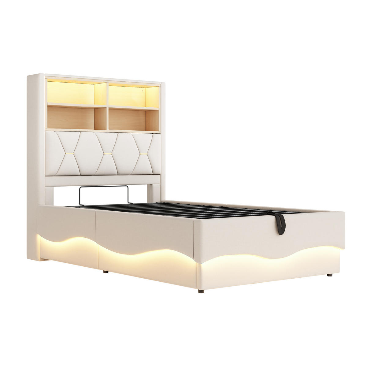 POLSTERBETT aus Leinen und Metall 90x200 cm in Beige mit LED & USB & Stauraum - Beige, Textil (90/200cm) - Modfu