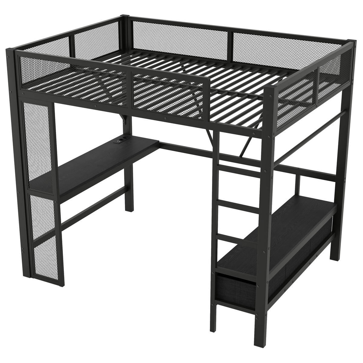 HOCHBETT 140/200 cm aus Metall mit LED-Beleuchtung, USB-Anschluss, Schreibtisch und 3 Schubladen, Schwarz - Schwarz, Holzwerkstoff (140/200cm) - Redom
